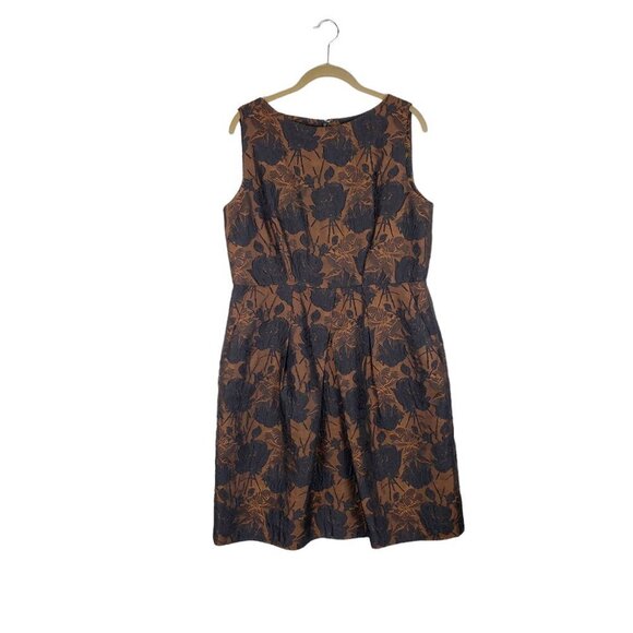 Talbots Cocktail Dress Brown Black Floral Brocade Fit Flare Sleeveless Size 12 - Picture 1 of 10